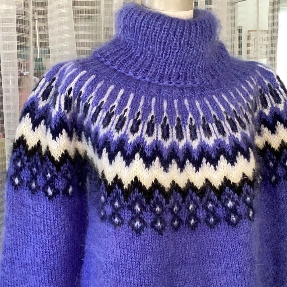 SuperTanya Mohair Icelandic Nordic Pullover Sweater Handmade Blue - Picture 3 of 12